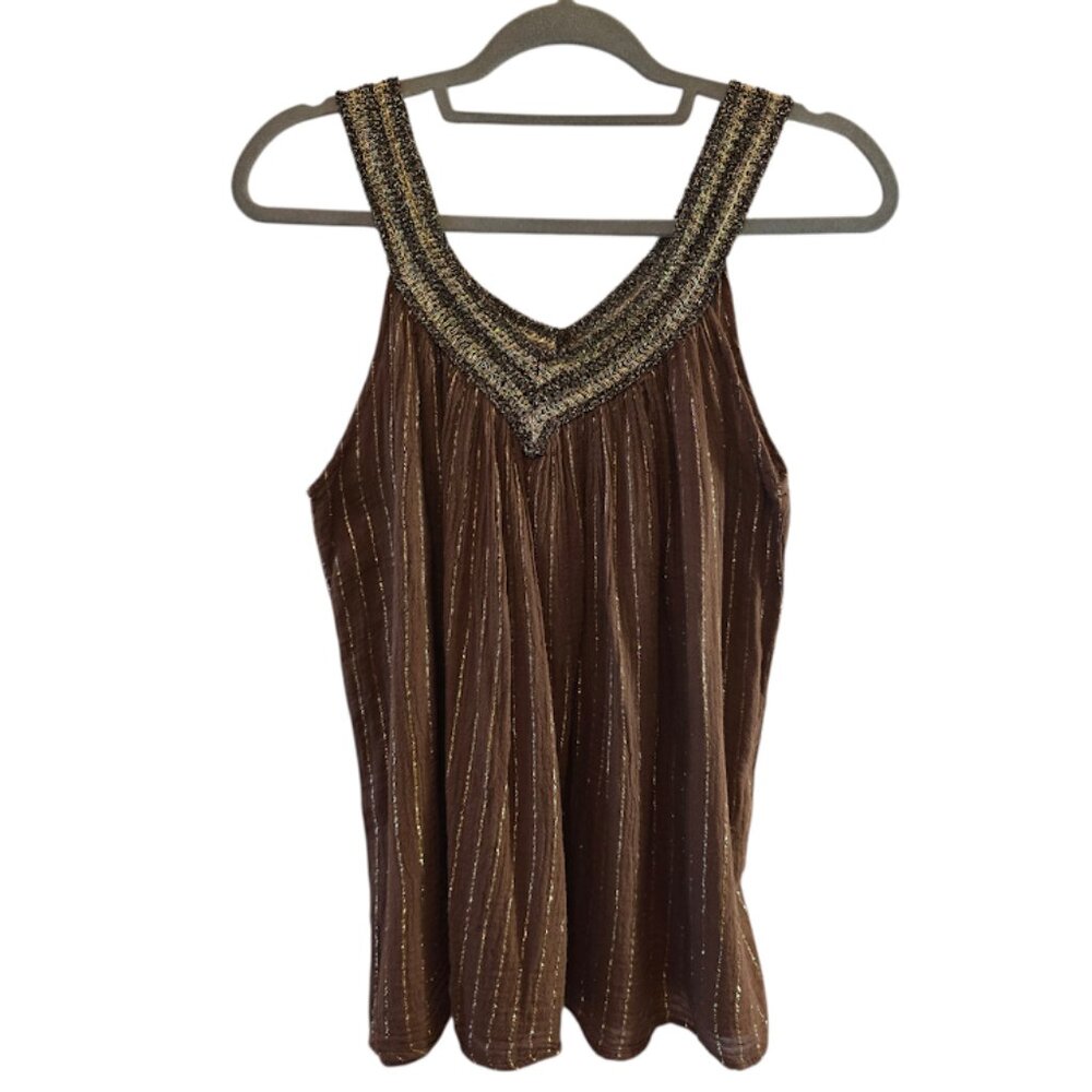 BROWN SLEEVELESS TOP GOLD METALIC STRIPES BEADED VNECK LIGHTWEIGHT ONE SIZE